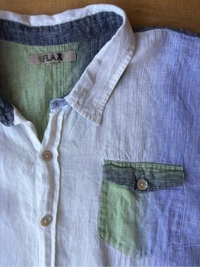 FLAX Men's 100% Linen ombre gradient striped  Button Down Shirt. Size L/XL